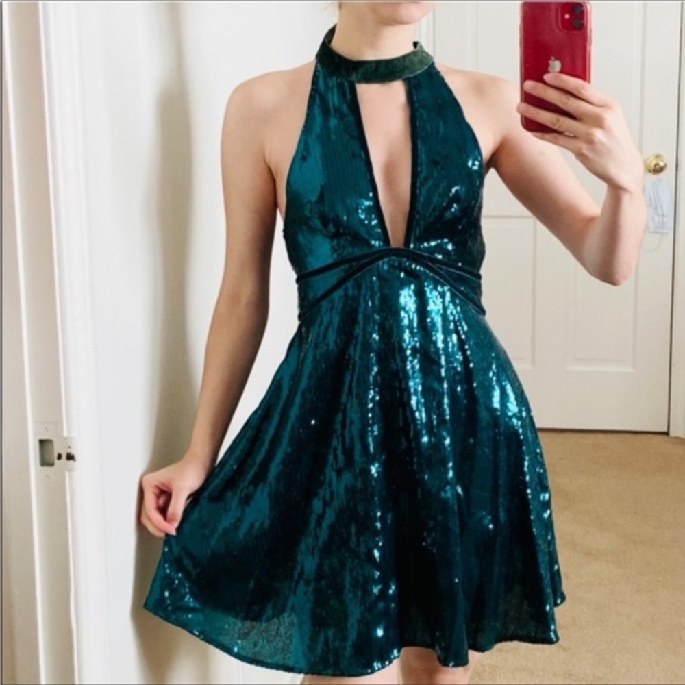 Free People Film Noir green sequin mini dress